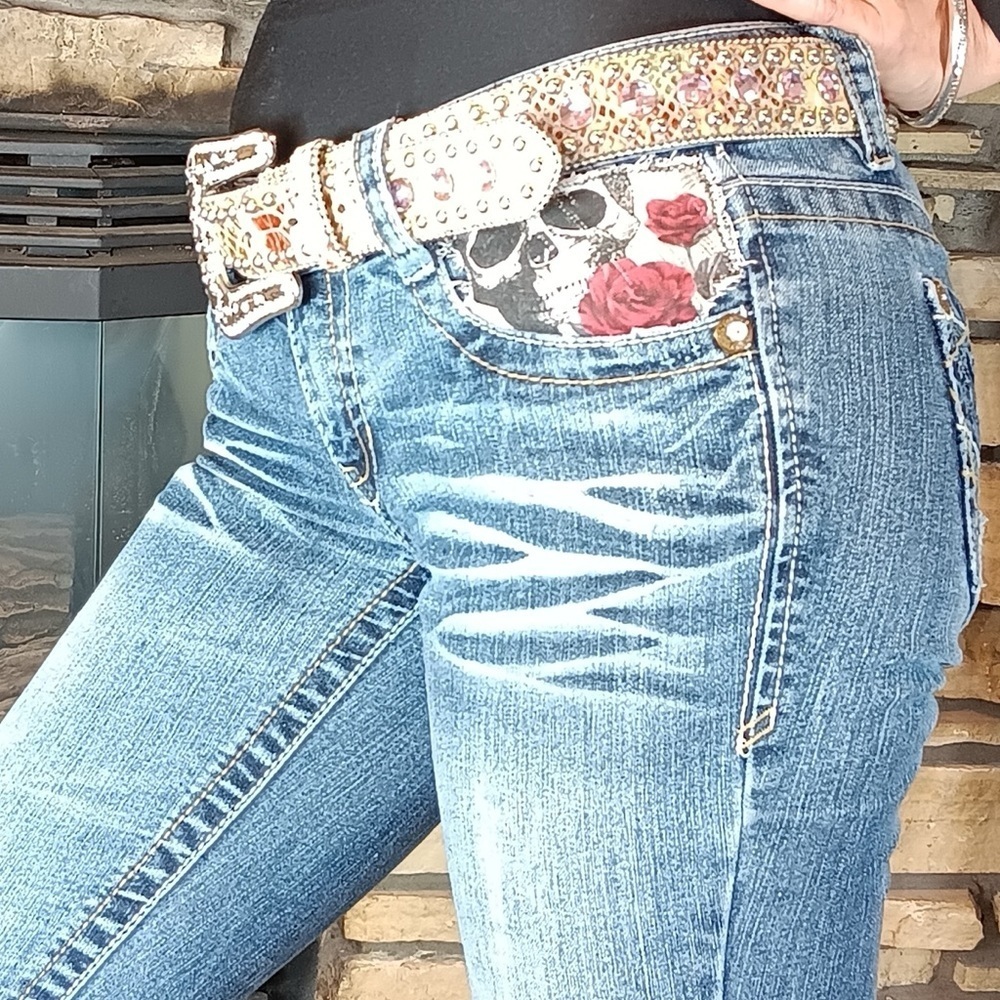 Upcycled, Wallflower Size 3 Flared Jeans Handmade Roses & Skulls Jeweled Lace - Picture 11 of 15